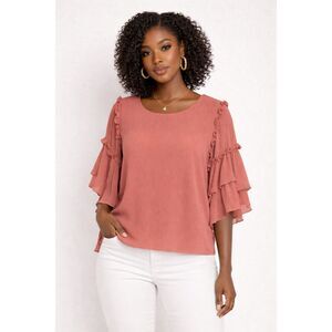 1STATE Cedar Rose Ruffled Asymmetrical tiered Flowy 3/4 Sleeve Boho Chic Top M